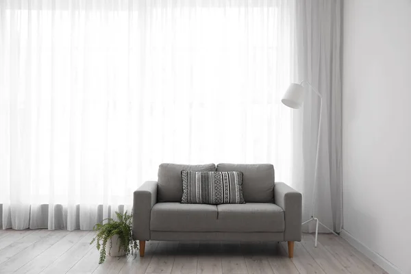 Interior Light Living Room Grey Sofa Standard Lamp Houseplant — Fotografia de Stock