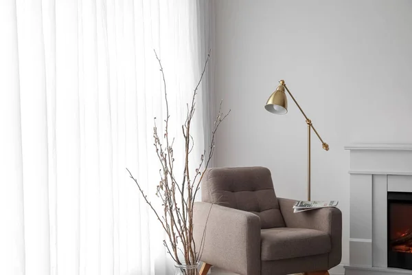Vase Tree Branches Armchair Lamp Light Curtain Living Room — Stockfoto