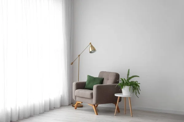 Table Houseplant Armchair Lamp Light Curtain Living Room — стоковое фото