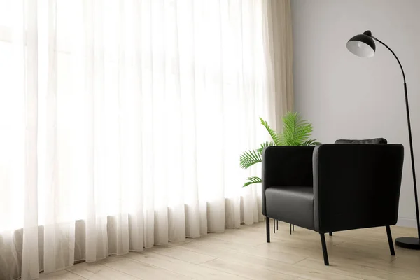 Interior Living Room Black Armchair Standard Lamp Palm Tree — Foto de Stock