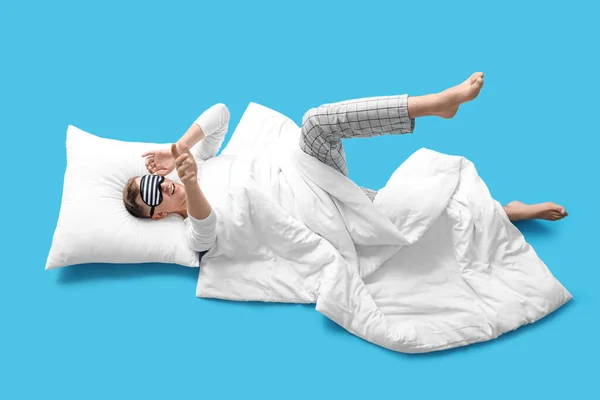 Young Man Sleeping Mask Pillow Blanket Lying Blue Background — Stock Photo, Image