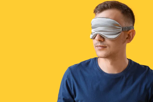 Young Man Sleeping Mask Yellow Background — Photo