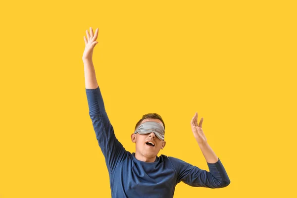 Young Man Sleeping Mask Stretching Yellow Background — Fotografia de Stock