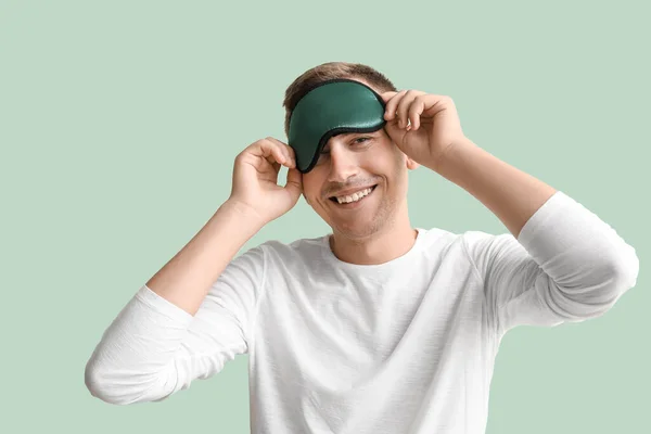 Young Man Sleeping Mask Green Background — Photo