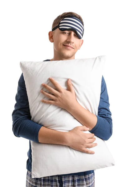 Young Man Sleeping Mask Pillow White Background — Stockfoto