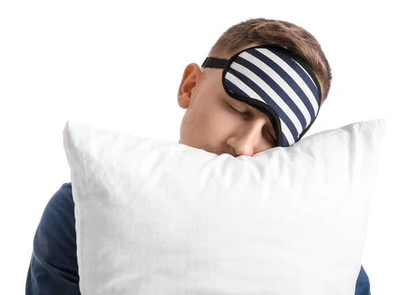 Young Man Sleeping Mask Pillow White Background Closeup — стоковое фото