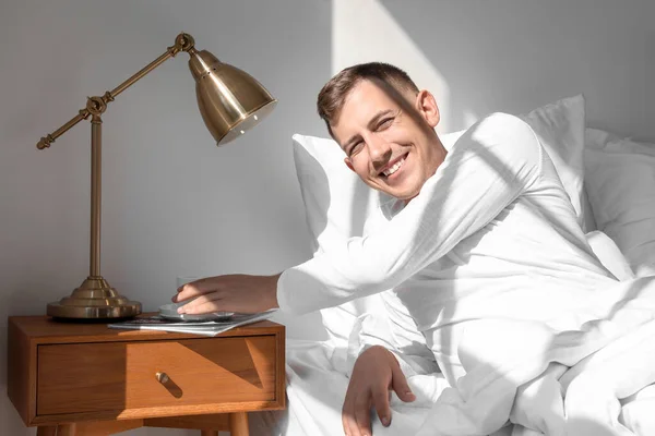 Handsome Young Man Taking Cup Coffee Table Bedroom — ストック写真