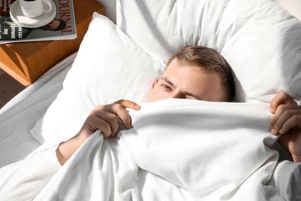 Handsome Young Man Blanket Lying Bed Home Closeup — Fotografie, imagine de stoc