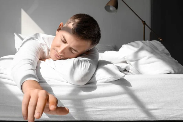 Handsome Young Man Sleeping Bed Home Closeup — Foto de Stock
