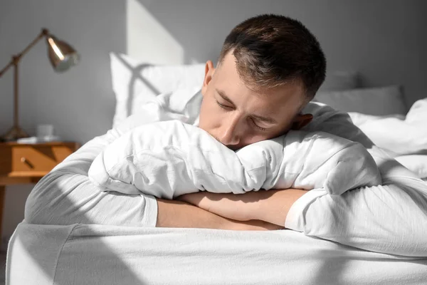 Handsome Young Man Sleeping Bed Home Closeup — Fotografie, imagine de stoc
