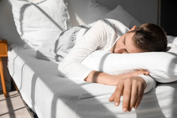 Handsome Young Man Sleeping Bed Home Closeup — Fotografia de Stock