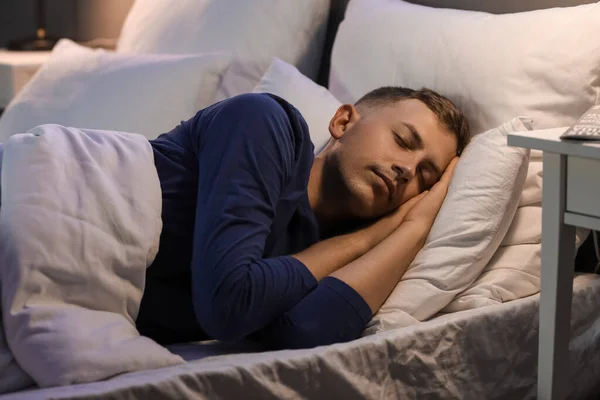 Handsome Young Man Sleeping Bedroom Night — Stock Photo, Image