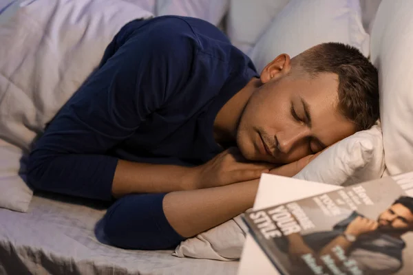 Handsome Young Man Sleeping Bedroom Night Closeup — Stockfoto