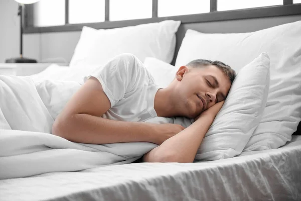 Handsome Young Man Sleeping Bed Home — Stock Photo, Image