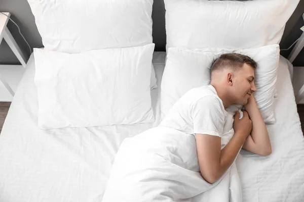 Handsome Young Man Sleeping Bed Home — Stock Photo, Image