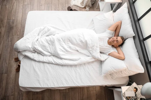 Handsome Young Man Lying Bed Home — Stock Photo, Image