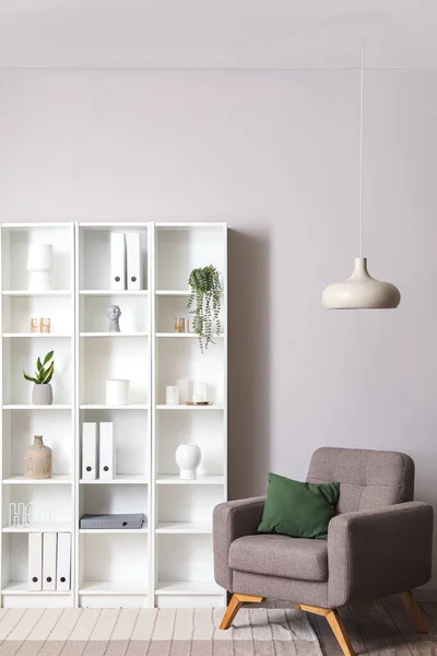 Interior Light Living Room White Shelving Unit Armchair Lamp — Stock Photo, Image