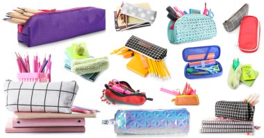 Set of pencil cases with school stationery on white background