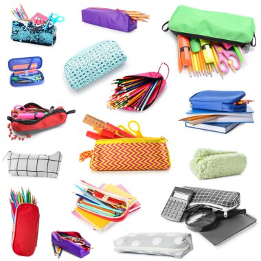 Set of pencil cases with school stationery on white background