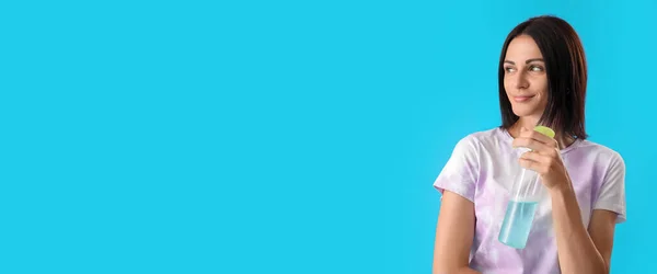 Young Woman Detergent Blue Background Space Text — Foto Stock