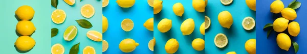 Collage Many Lemons Blue Background Top View — Stok fotoğraf