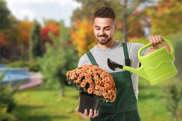 Portrait Male Gardener Flowers Watering Can Outdoors — Stock Fotó