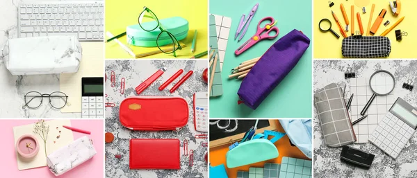 Collage Stationery Pencil Cases — Stock Photo, Image