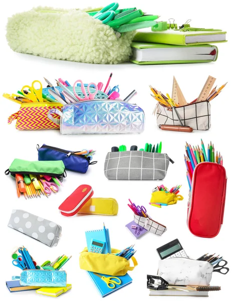 Set Pencil Cases School Stationery White Background — стоковое фото