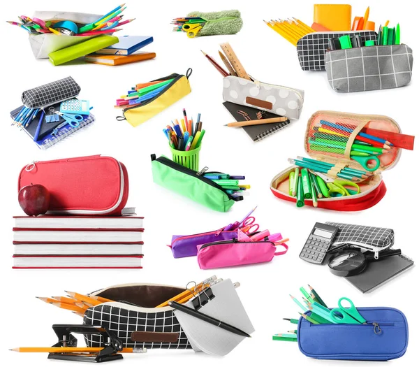 Set Pencil Cases School Stationery White Background —  Fotos de Stock