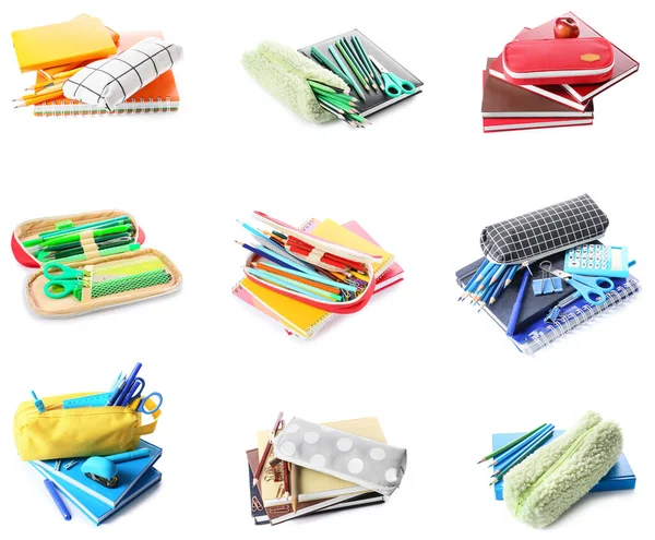 Set Pencil Cases School Stationery White Background — стоковое фото