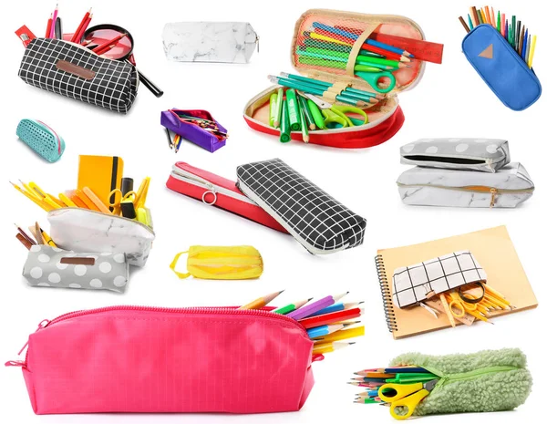 Set Pencil Cases School Stationery White Background —  Fotos de Stock