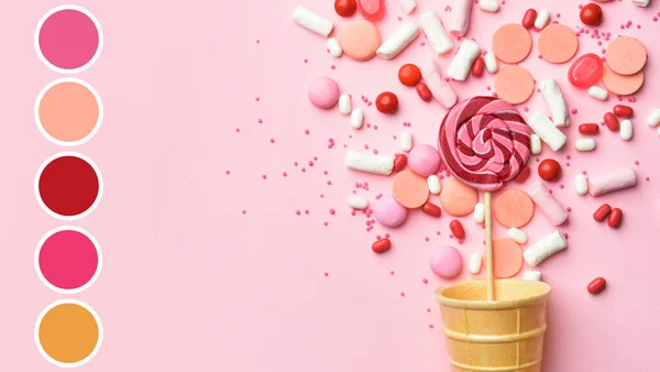 Waffle Cone Tasty Sweets Pink Background Different Color Patterns — Stockfoto