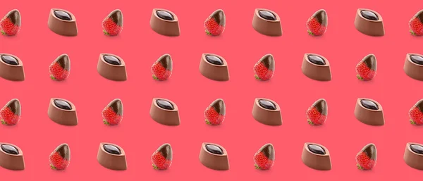 Many Tasty Candies Strawberry Dipped Chocolate Red Background Pattern Design — Stockfoto