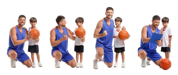 Set Anak Kecil Dan Pelatih Basketnya Latar Belakang Putih — Stok Foto