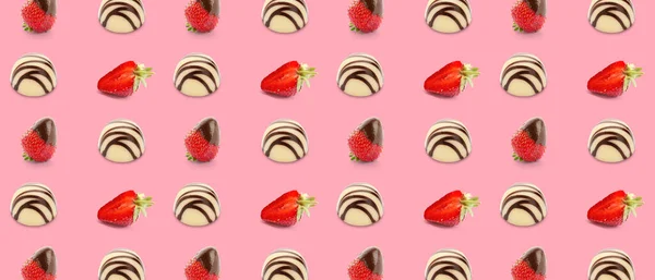 Many Tasty Candies Strawberry Dipped Chocolate Pink Background Pattern Design — 스톡 사진