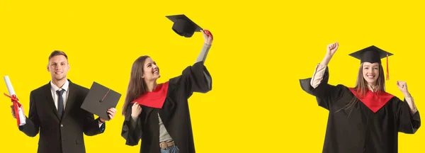 Graduating Students Yellow Background Space Text — Stock Photo, Image