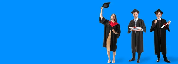 Graduating Students Blue Background Space Text — Foto Stock