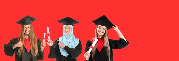 Female Students Bachelor Robes Diplomas Red Background Space Text — Stock Photo, Image