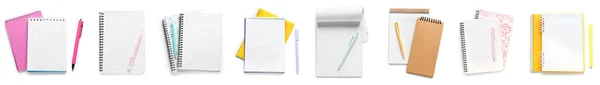 Set Notebooks Pens White Background Top View — Zdjęcie stockowe