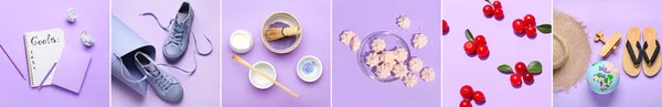 Creative Summer Composition Violet Background Top View — 스톡 사진