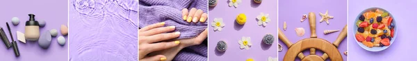 Stylish Summer Composition Lilac Background Top View — Fotografia de Stock