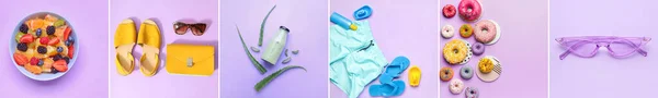 Trendy Summer Composition Lilac Background Top View — 스톡 사진