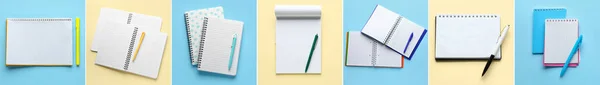 Set Notebooks Pens Color Background — стоковое фото