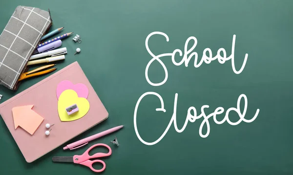 Stationery Written Text School Closed Green Chalkboard — Fotografia de Stock