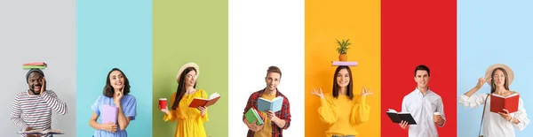 Set Different People Books Color Background — Zdjęcie stockowe