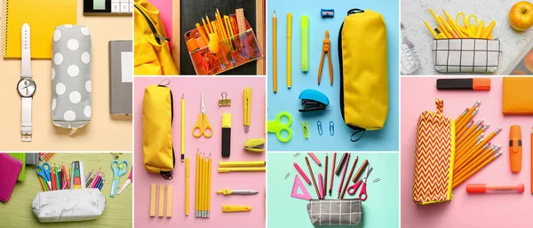 Collage School Stationery Pencil Cases Top View —  Fotos de Stock