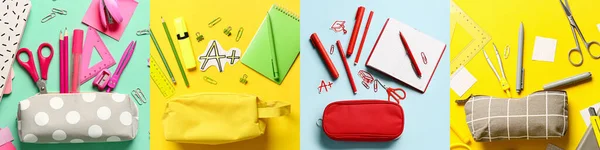 Collage School Stationery Pencil Cases Top View — 스톡 사진