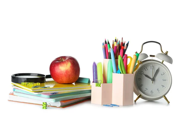 Cups School Stationery Apple Alarm Clock White Background — Stock Photo, Image