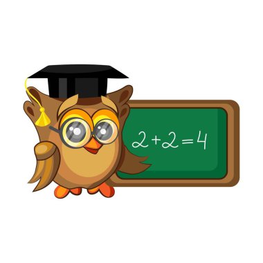 Cute owl in graduation hat and with blackboard on white background