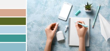 Female hands with notebook and gadgets on blue background. Different color patterns